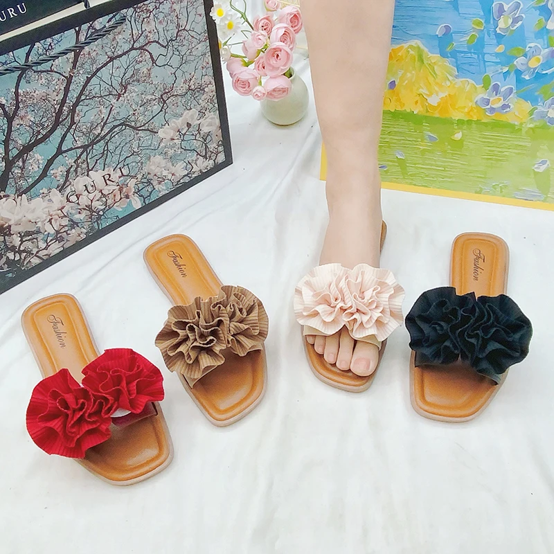 New Popular original flower leather flat sandals slippers for women slides outdoor casual trend slipper shoes