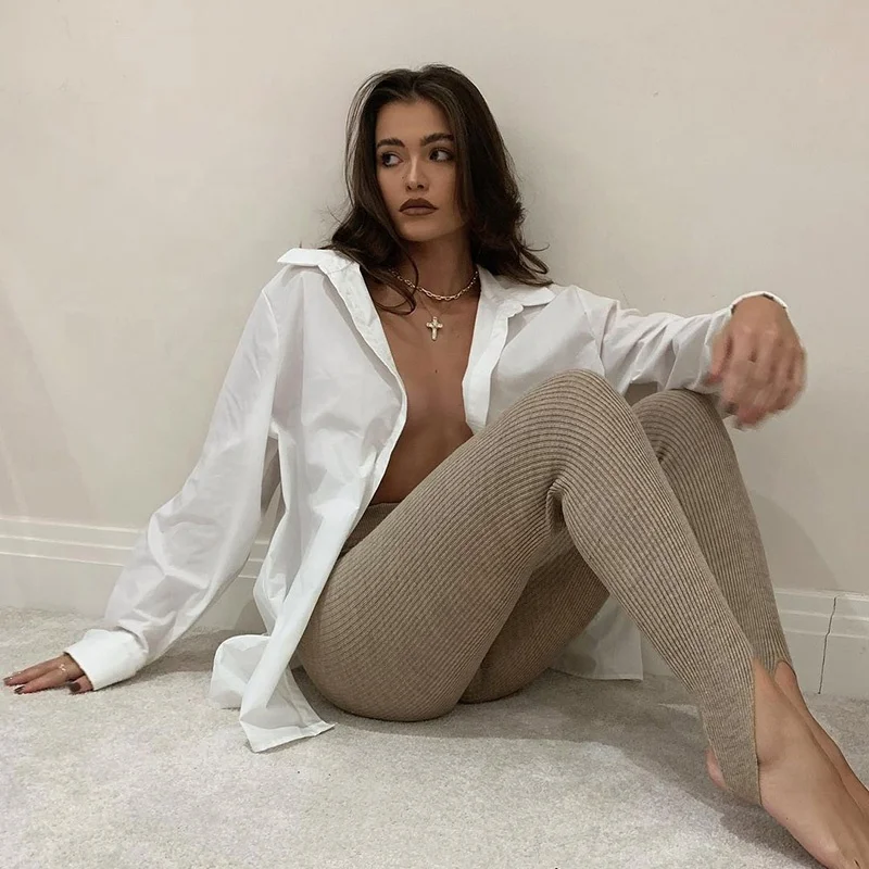 2020 зимние женские трикотажные брюки для бега, однотонные ребристые брюки с высокой талией, повседневные брюки для девочек