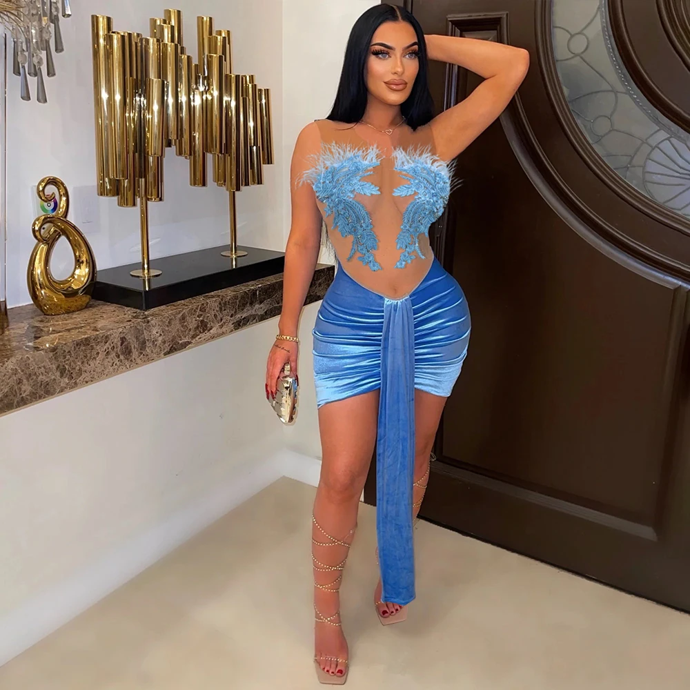 Mujer Women Crystal Glam Club Dress Sleeveless See Through Pleated Mini Dresses Vestidos With Ribbon