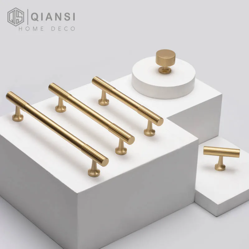 Qiansi High Quality Brass t bar 96mm 128mm Long Furniture hardware Kitchen Brushed Finish Drawer Knob for Dresser Modern Handles