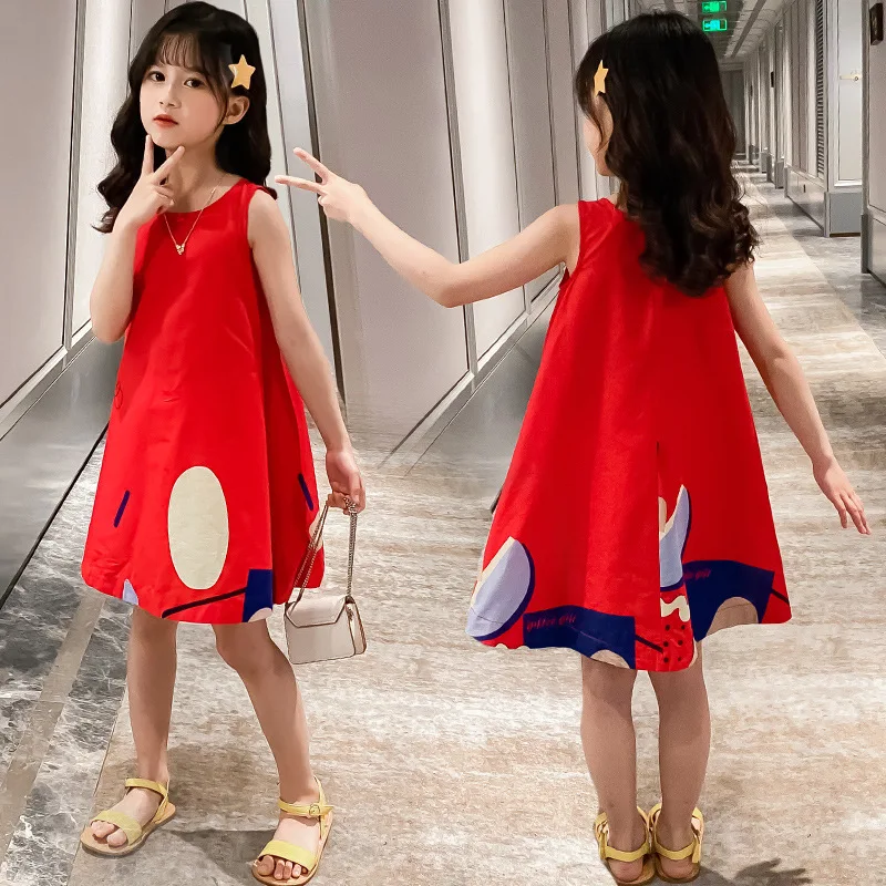 2022 Fashion Kids Circle Printed Sweet Loose Dress Children Girls Korean Summer Sleeveless Hot Sale A-line Casual Dress
