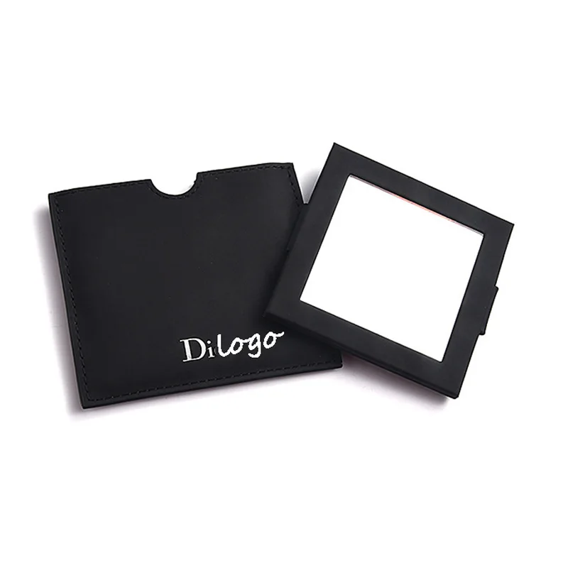 Luxury Silver Stamping Custom Logo Square Black Wallet Pouch Hand Held Portable Cosmetic Pocket Mirror
