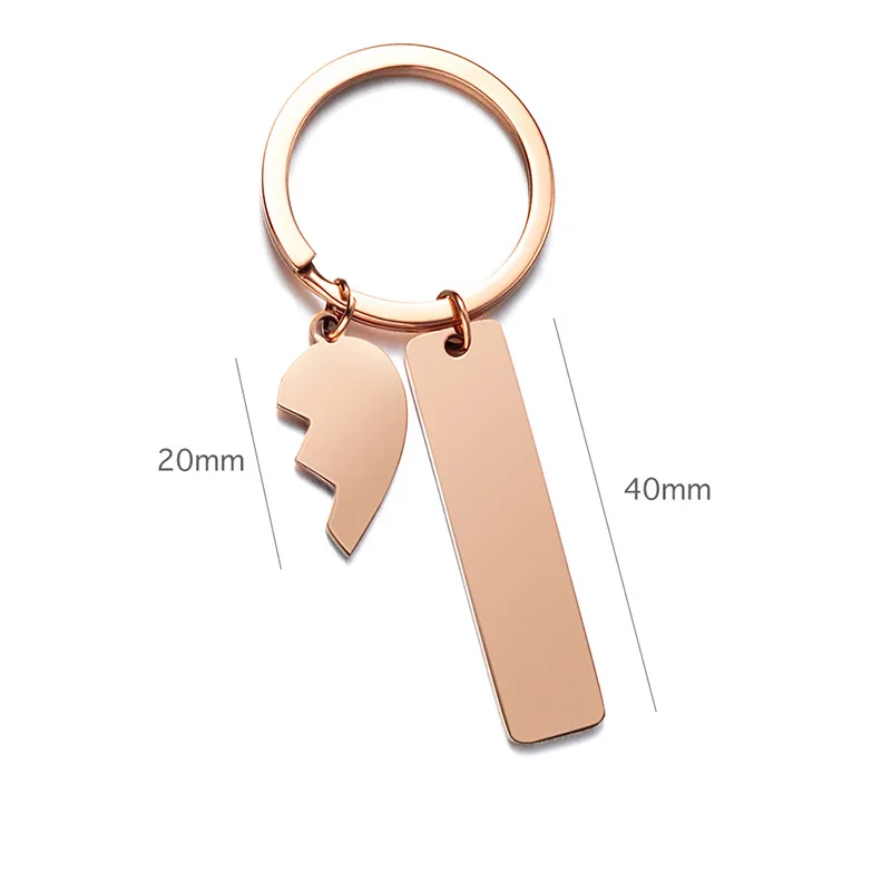 Design Blank Logo Engraved Stainless Steel Keychain Half Heart Shape Id Tag Key Chain For Couple Long Strip Peach Diy Keychains