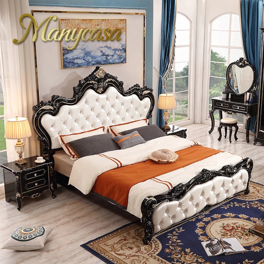 Европейская домашняя мебель, новейшая популярная деревянная резная кожаная двуспальная кровать