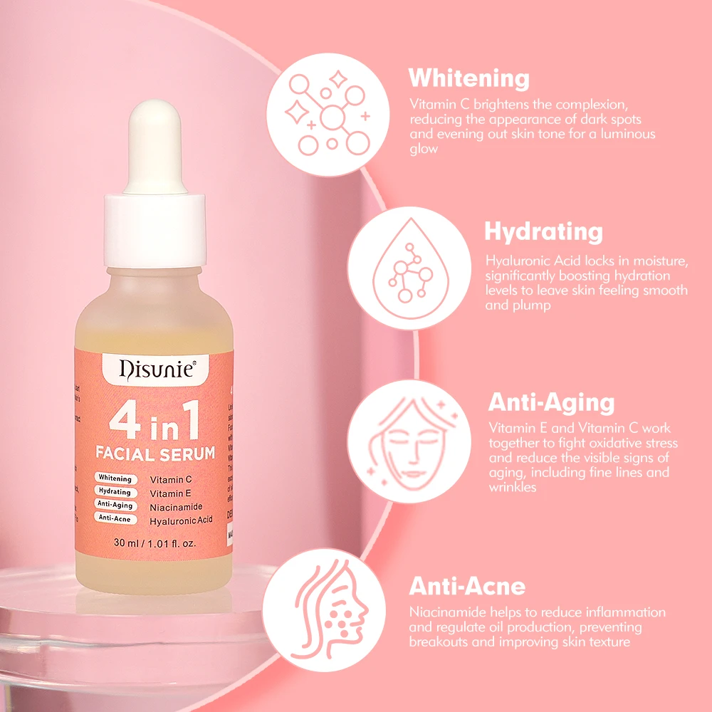 Disunie 4 in 1 Facial Serum Vitamin C Hyaluronic Acid Vitamin E Niacinamide Whitening Hydrating Anti-Aging Anti-Acne Face Serum