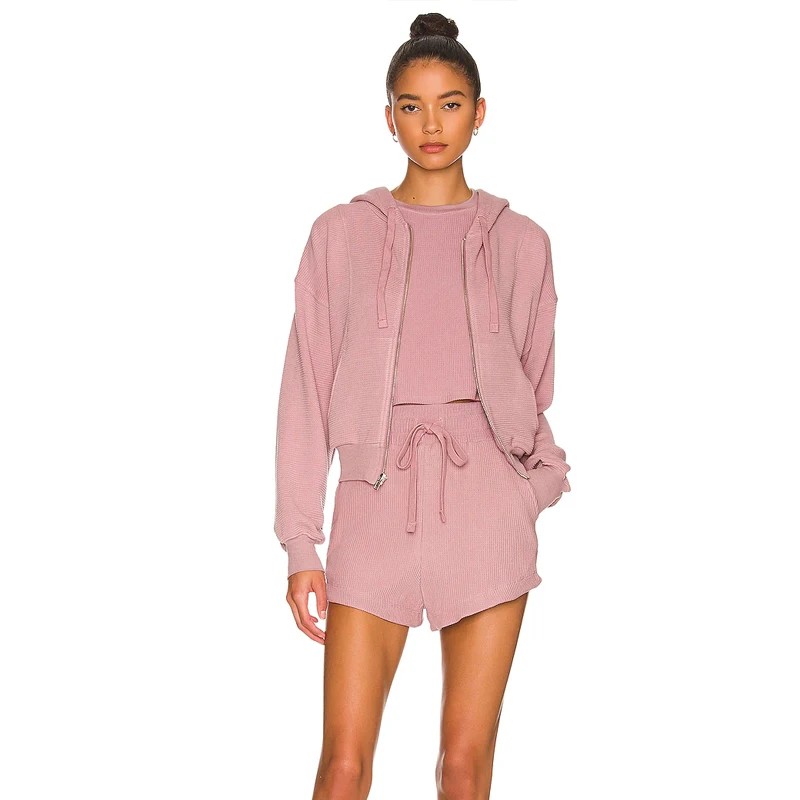 New fashion womens contracted leisure vintage long sleeve hoodie Shorts three piece suit