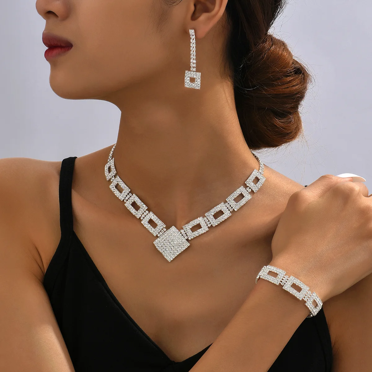 High Quality Diamond Three Piece Necklace Earrings Bracelet Evening Dress Accessories Jewelry Set