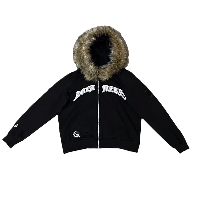 Custom High Quality  Keep Warm Fur Jacket Distress Embroidery Patch Heavyweight Zip Up Fur Hoodies Men