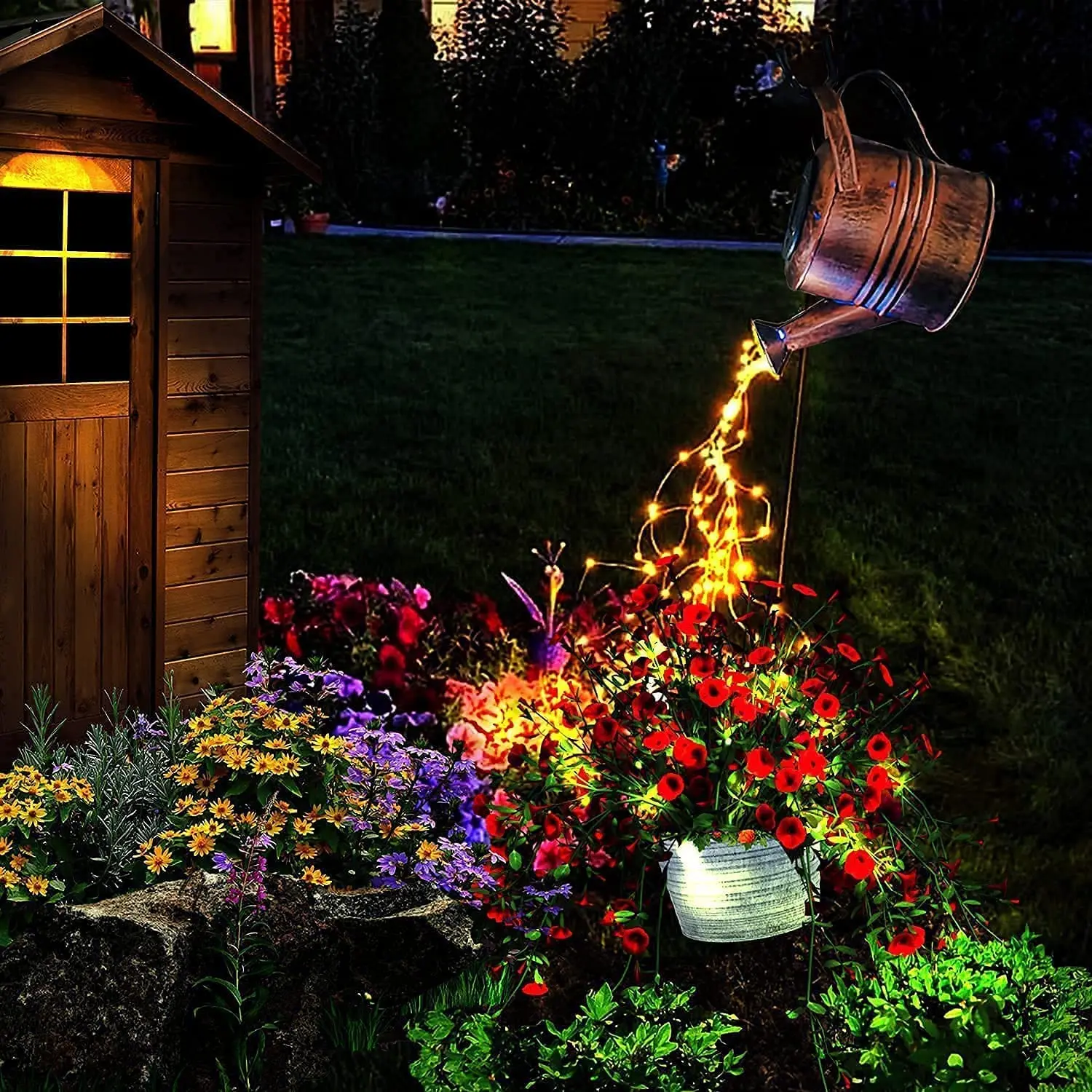 Solar  Outdoor Watering Can with Lights, Hanging Solar Lantern, Metal Waterproof Garden Flower Decor