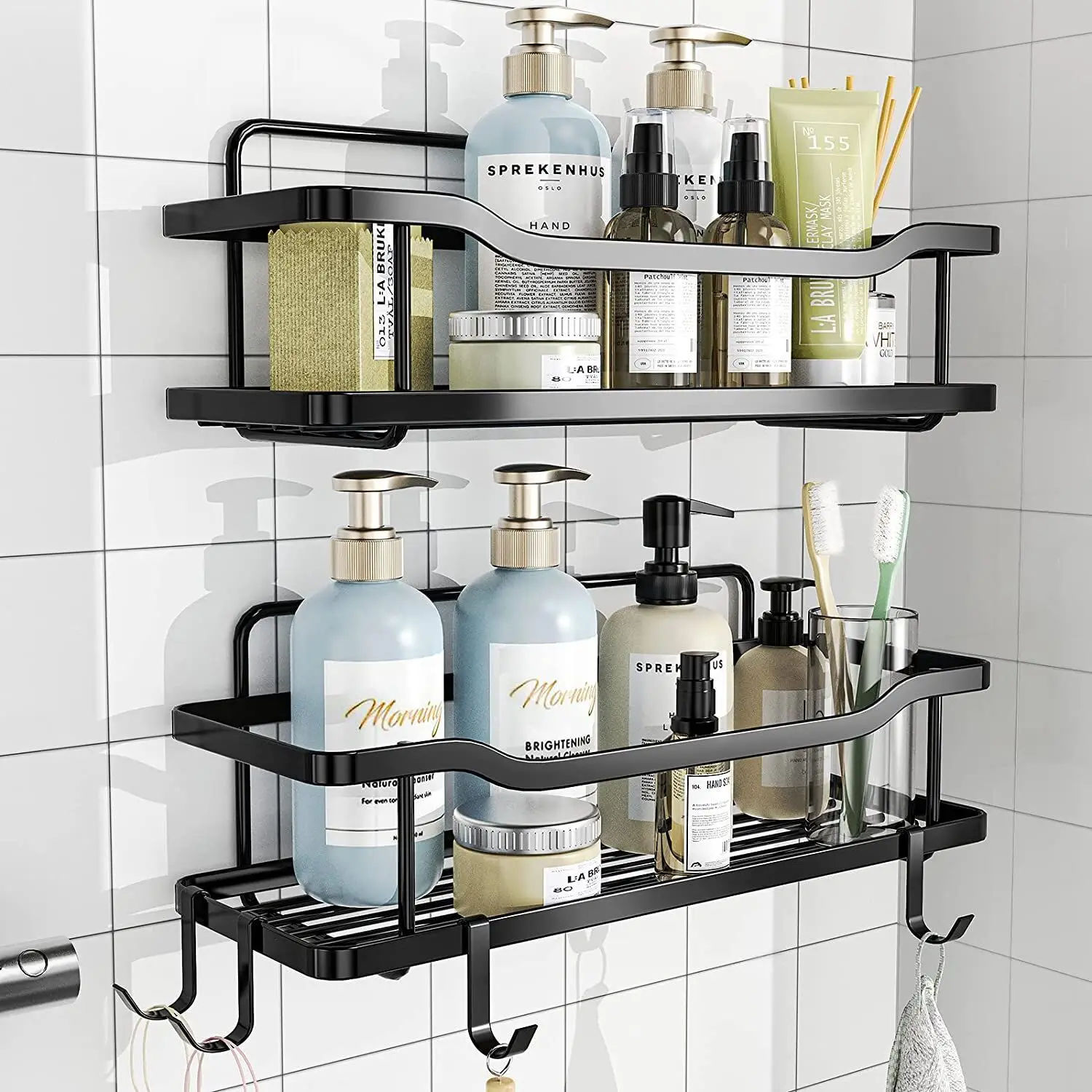 Bath Corner Shower Shelves Adhesive Caddy, Bathroom Shelf Wall Mounted, No Drilling Kitchen Racks Shower Organizer Basket