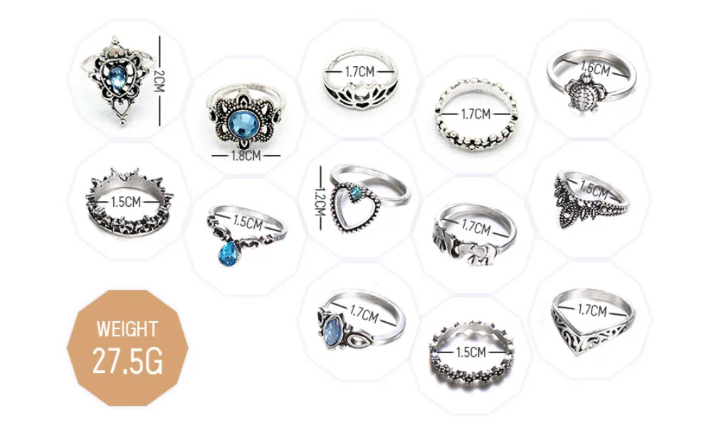 Fanyue AM Best Seller 2024 Bohemia Retro 13pcs/Set Carving Crown Gemstone Rings Set For Women Knuckle Rings Set