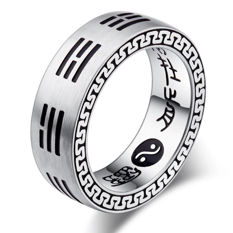 Chinese Style Tai Chi Rings  Women Men Vintage Silver Color Taoist Mantra Round Rings Trendy Jewelry Gift