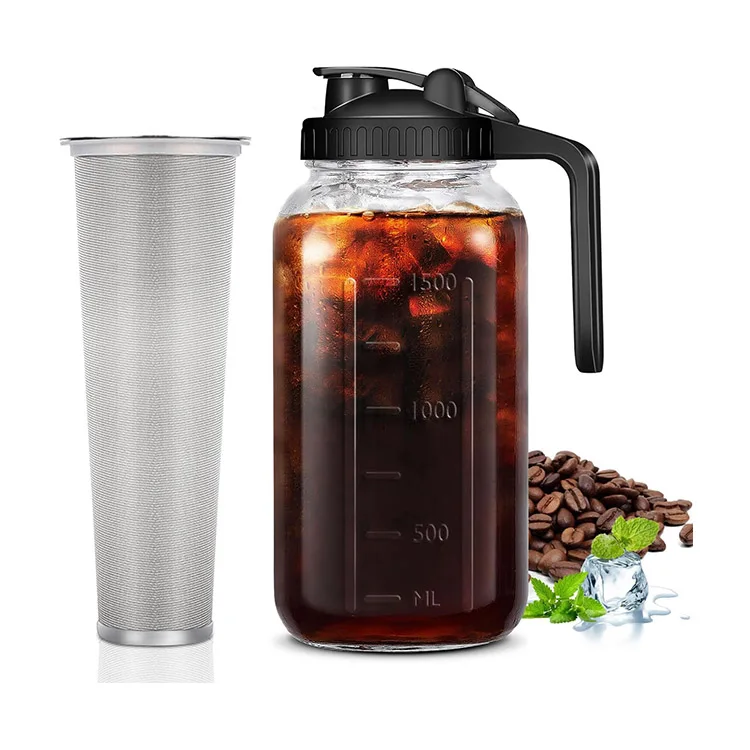 Factory Supply Drinking Jar Cold Brew Double Glass Empty 64oz Wide Mouth Mason Jar For Ice Tea Wine Beverage With Handle
