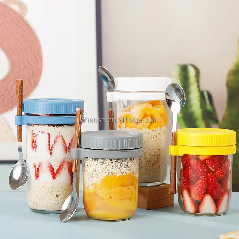 Popular Hot Sale Empty 350ml Glass Overnight Oats Container Glass Mason Jar Yogurt Oatmeal Jars with Lid