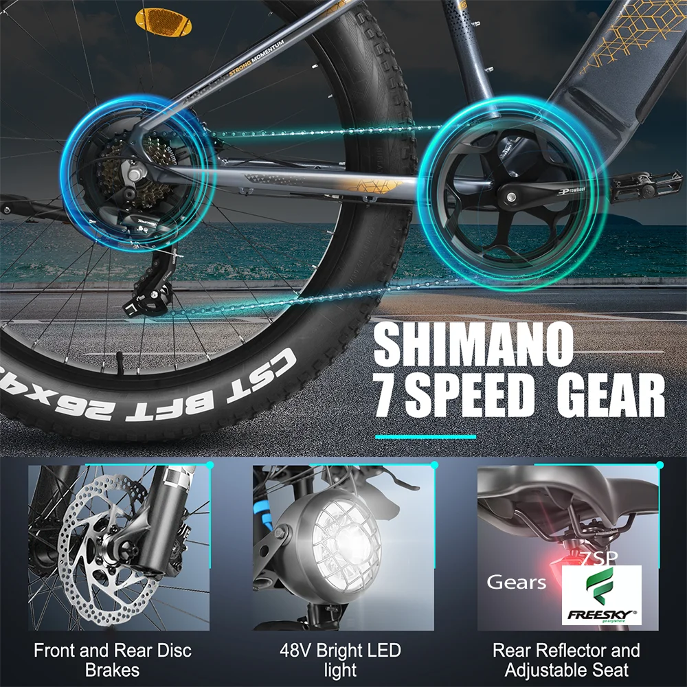FREESKY Electric Bicycle 7-Speed Adults 750W BAFANG Motor 48V 15Ah Removable Battery ebike 26' Snow Beach Fat Tire e bike mtb