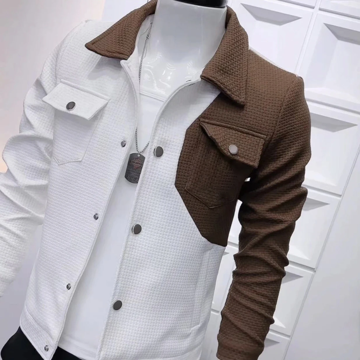 Autumn high quality thick two-tone stitching custom Overshirt fashion style fleece waffle jacket