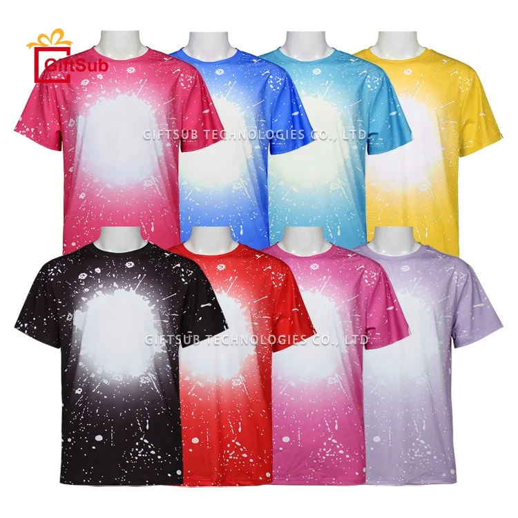 High Quality Sublimation Blanks Plus Size Bleached Printed Tee Shirts Polyester Cotton Feel Faux Bleach T Shirts