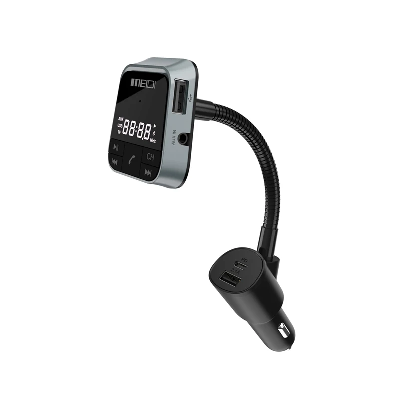 New Design Dual USB Ports Type-C Fast Car Charging Flexible Goose Neck Wireless Car Bluetooth FM Transmitter Handsfree