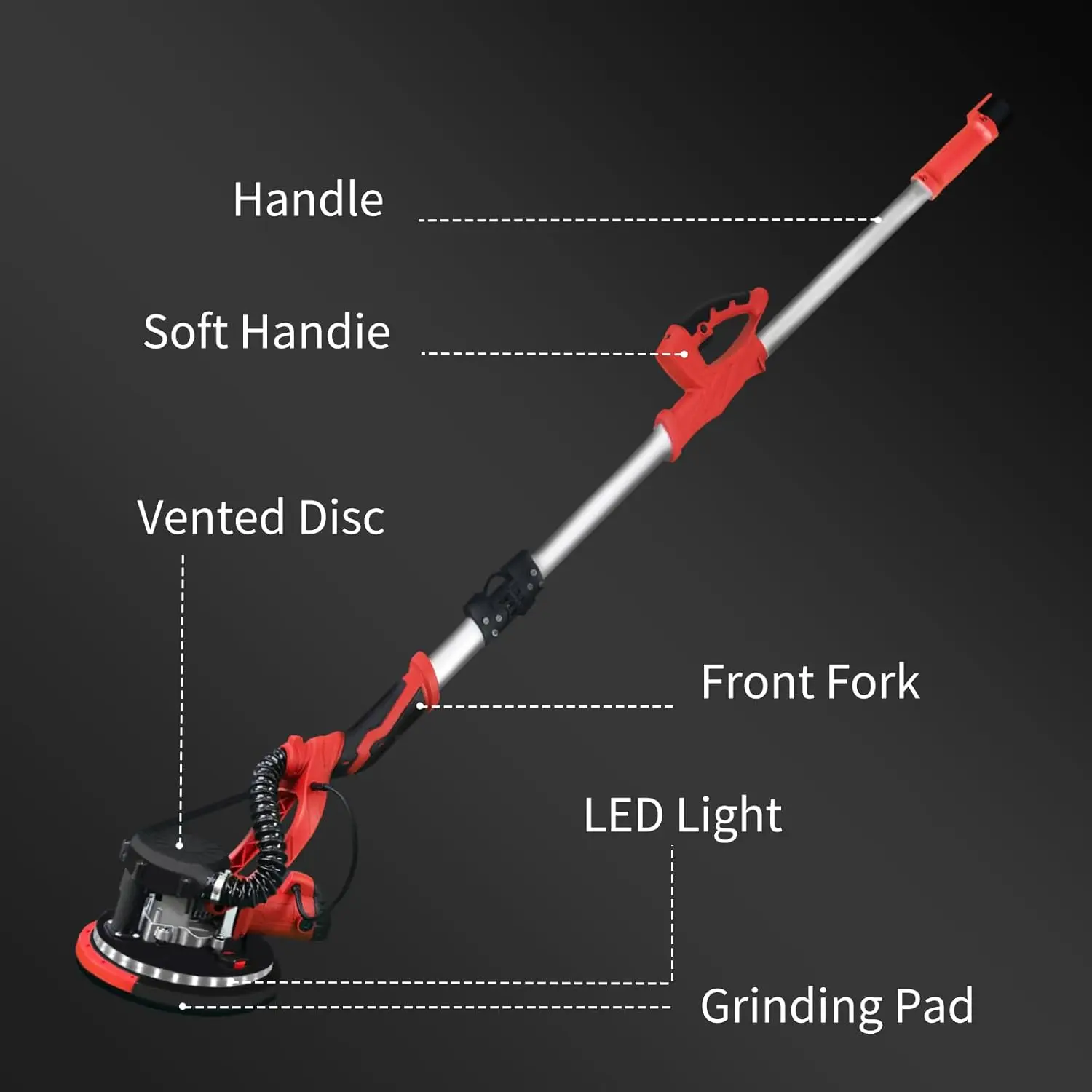 Variable Speed 800-1800RPM Drywall Sander LED Light Extendable Handle Sanding Discs Popcorn Ceiling Removal Tool Foldable Vacuum