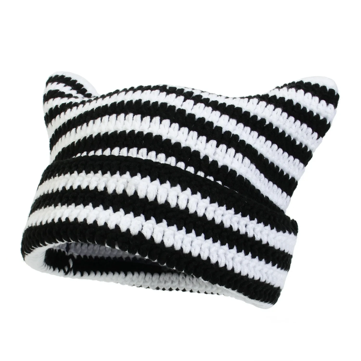 Striped Y2K Gothic Knitted Cat Ear Little Devil Crochet Hat Women  Winter Fox  Slouchy Beanie Female Caps