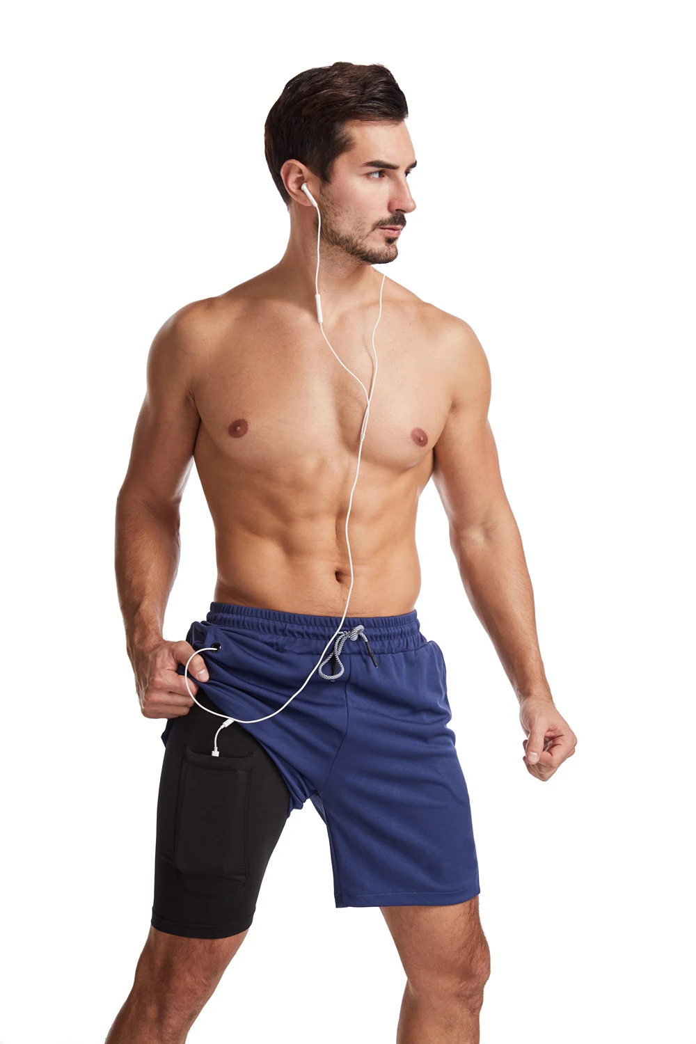 Wholesale summer outdoor fitness two layer mens biker shorts high quality quick dry bodybuilding mid waist workout sweat shorts