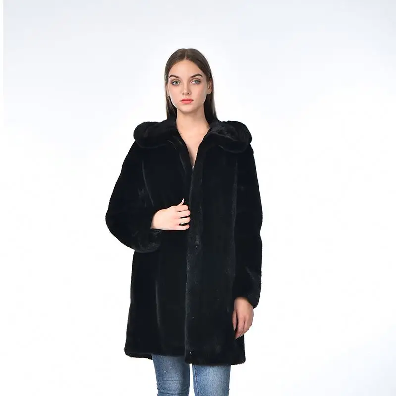 Hot Selling Fashion Excellent Luxury Woman Black Casual Long Mink Fur Overcoat With Hood