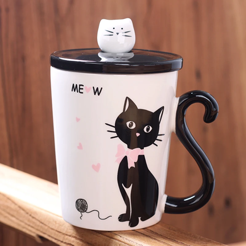 Factory Wholesale Creative Cartoon Cat Tail Handle Milk Ceramic Cup Animal Advertising Promotion Mug With Lid
