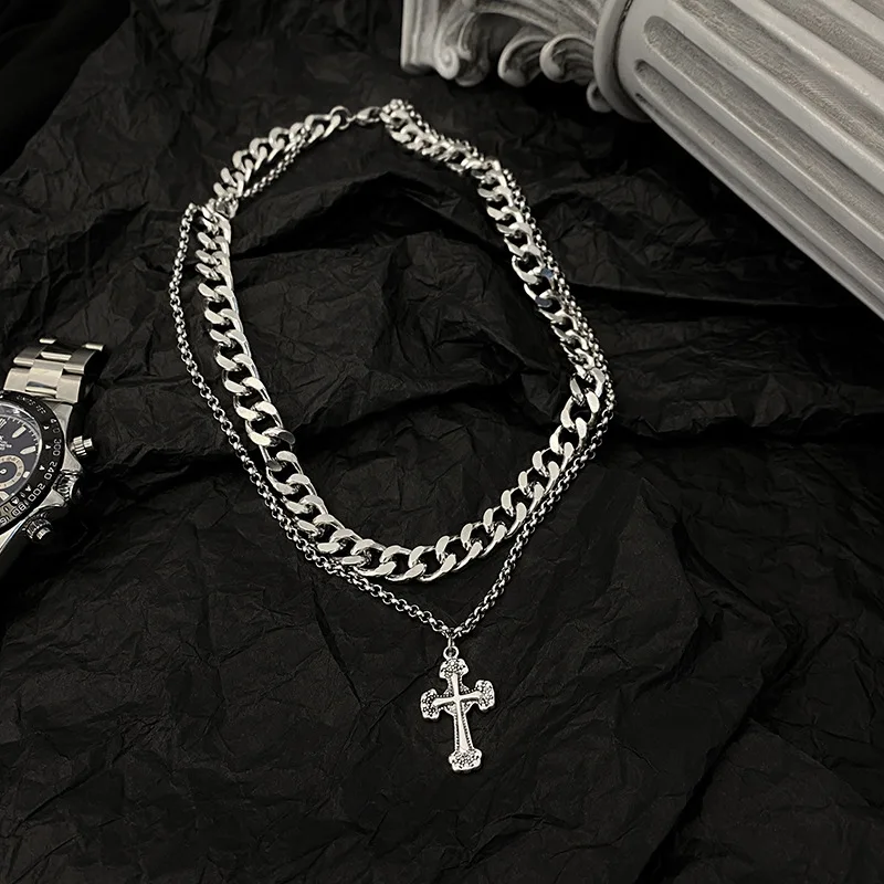 New Personalized Stainless Steel Cuban Chain Double layered Cross Pendant for Men and Women Street Hip Hop Rock Necklace