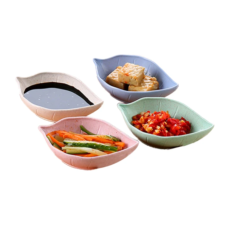 Eco Biodegradable Kitchen Canteen Wheat Straw Soy Leaf Shaped Sauce Salted Seasoning Dish Plates