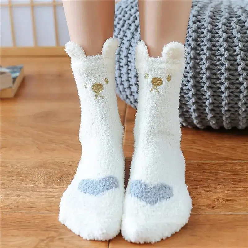 Free sample cute cozy women socks custom logo Warm thermal fuzzy terry  winter Women fluffy socks