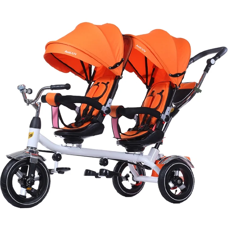 Large Baby Carriage with Folding Pedal Tricycle Children Push Handle Music Light and Umbrella  Double Seat Baby Tricycles