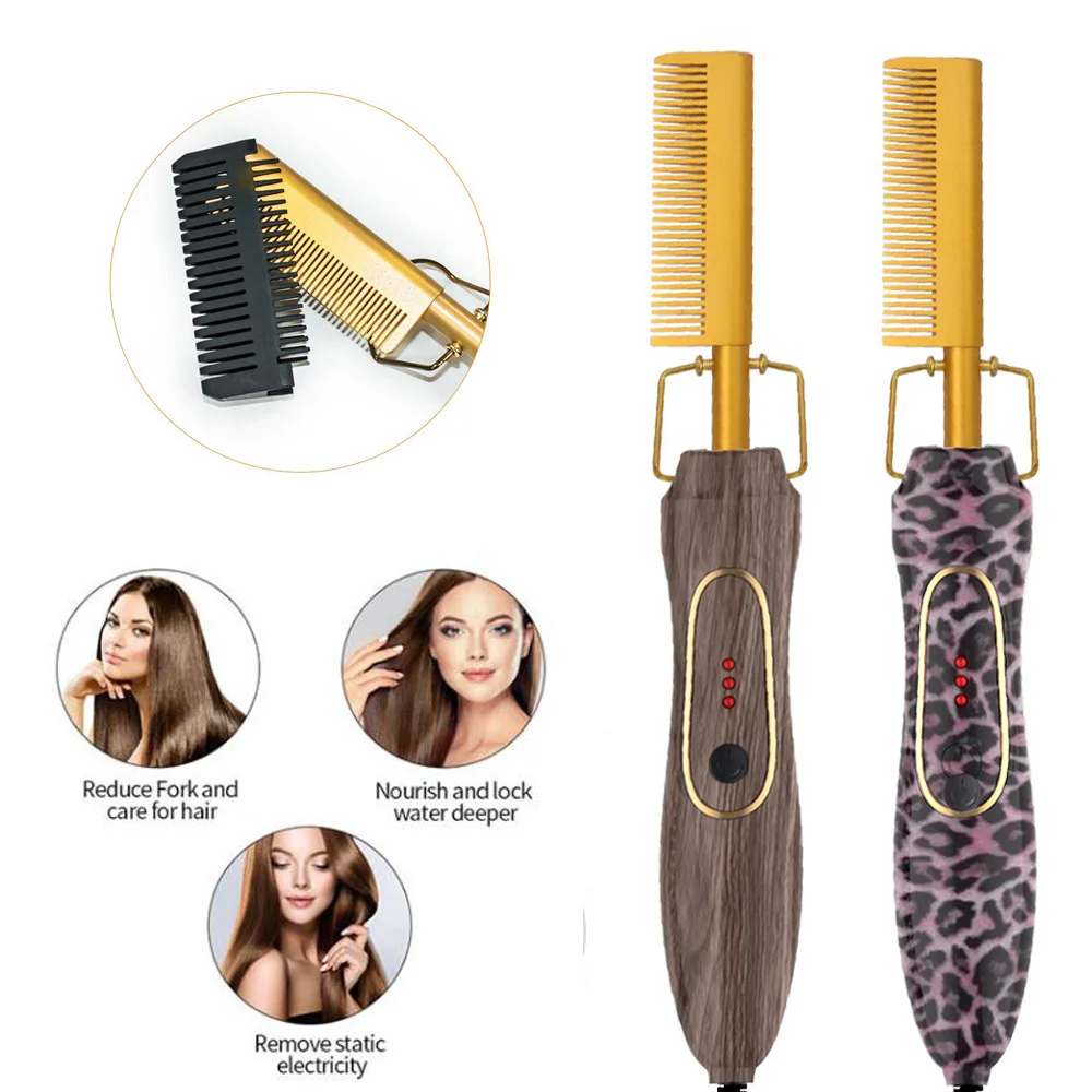 Multi-functional Luxury Custom Rhinestone Flat Travel Copper Electric Straighten Hair Straightener Brush Hot Comb