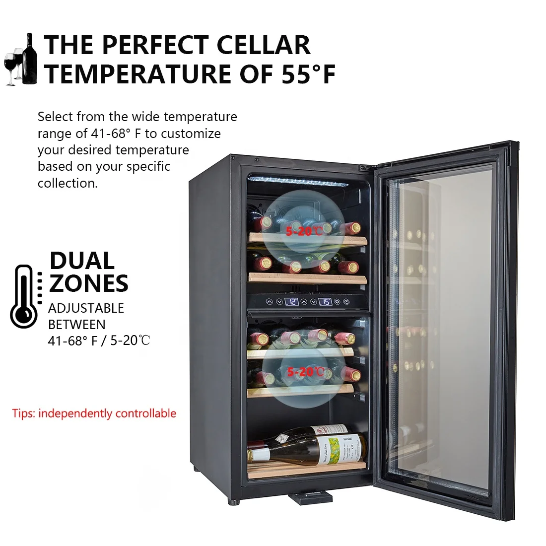 Wholesale 24 Bottle Freestanding Small Champagne Refrigerator Two Zone Wine Cooler