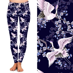 92% polyester 8% spandex 230gsm High quality Brushed super soft sakura branches and white Japanese cranes leggings
