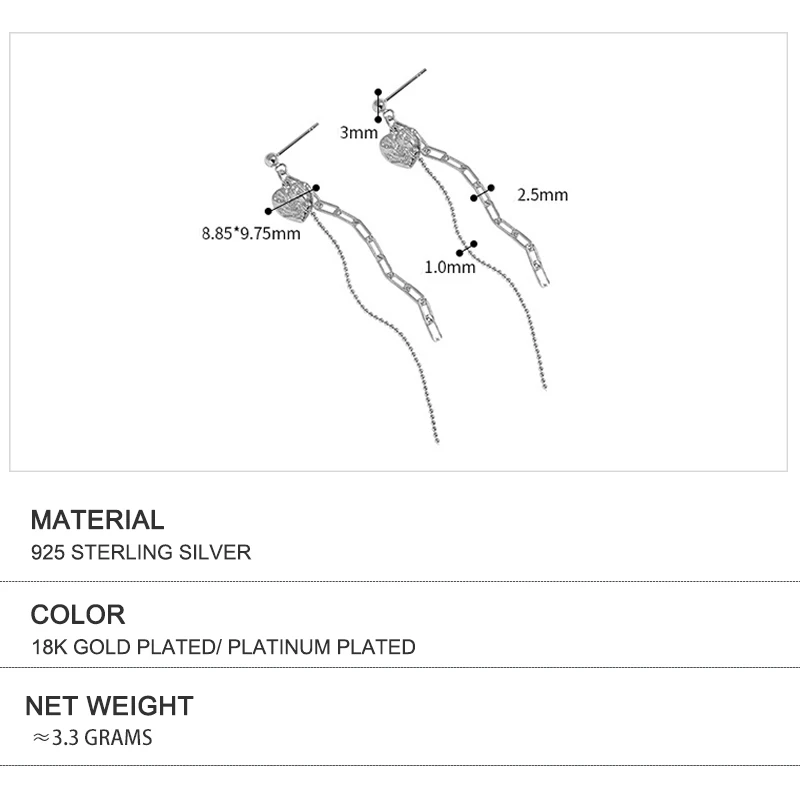 Wuqie Elegant Design 925 Sliver Earrings Charm Heart Coin Beaded Tassels and Link Chain Drop Earrings Jewelry