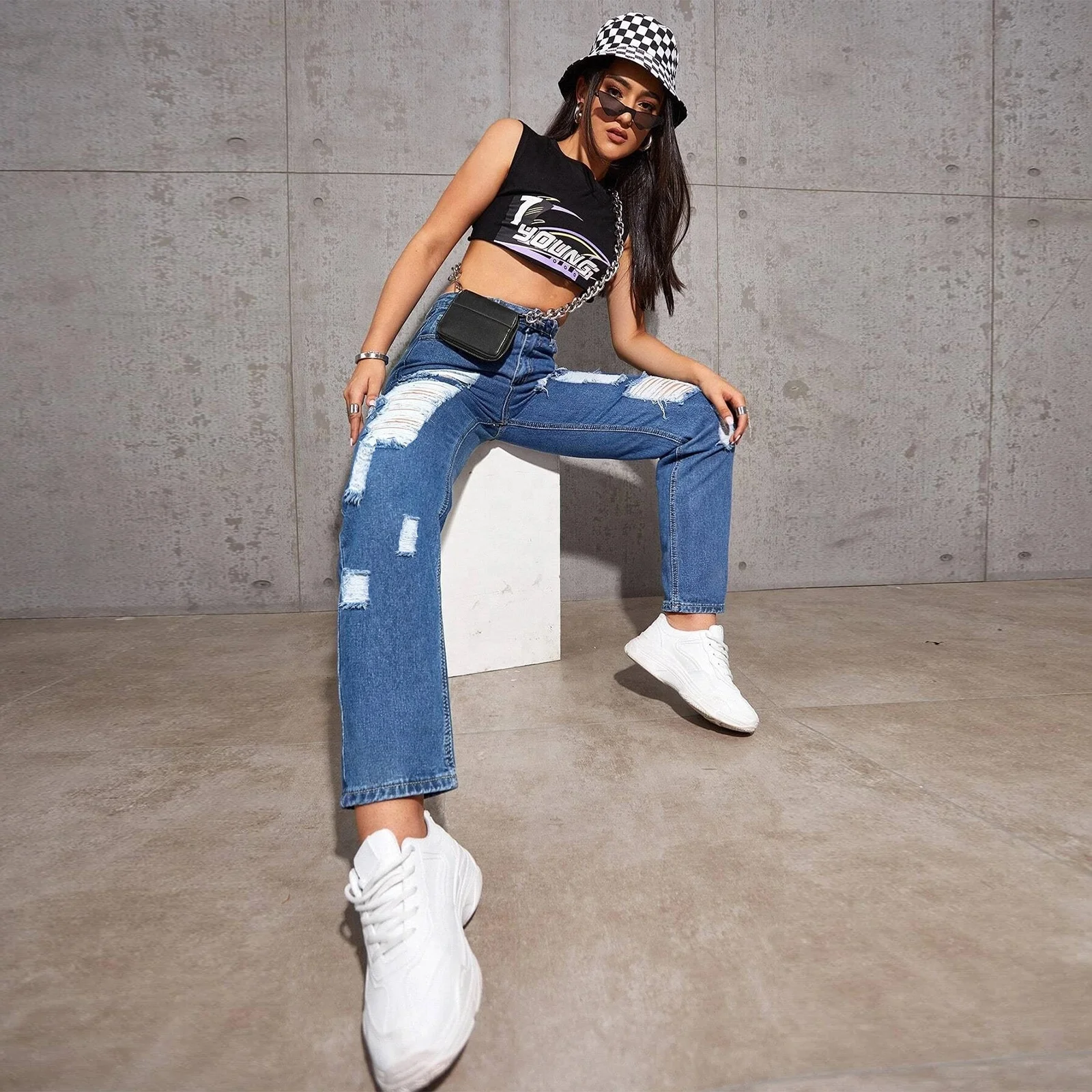 SKYKINGDOM women baggy destroyed jeans high west jeans woman clothes straight ripped ladies jeans pants