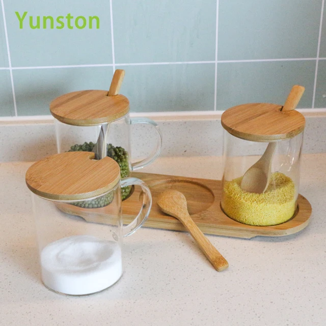 Glass kitchen jar storage set Food grade kitchen condiment jar with wooden lid and wooden spoon Kitchen spice jar with handle