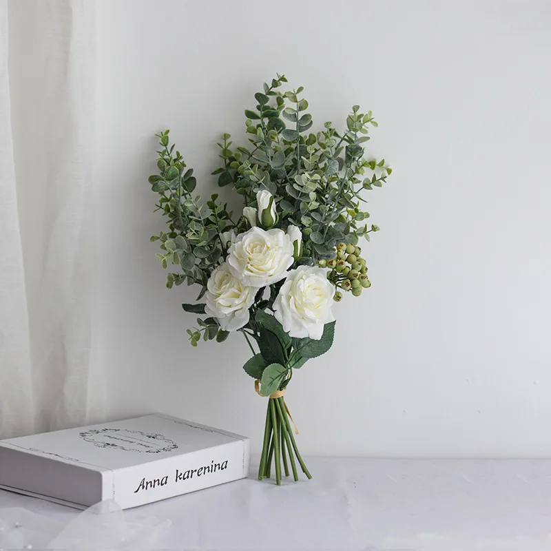 Artificial rose bouquet with plastic eucalyptus greenery berry flower bouquet for vase decoration