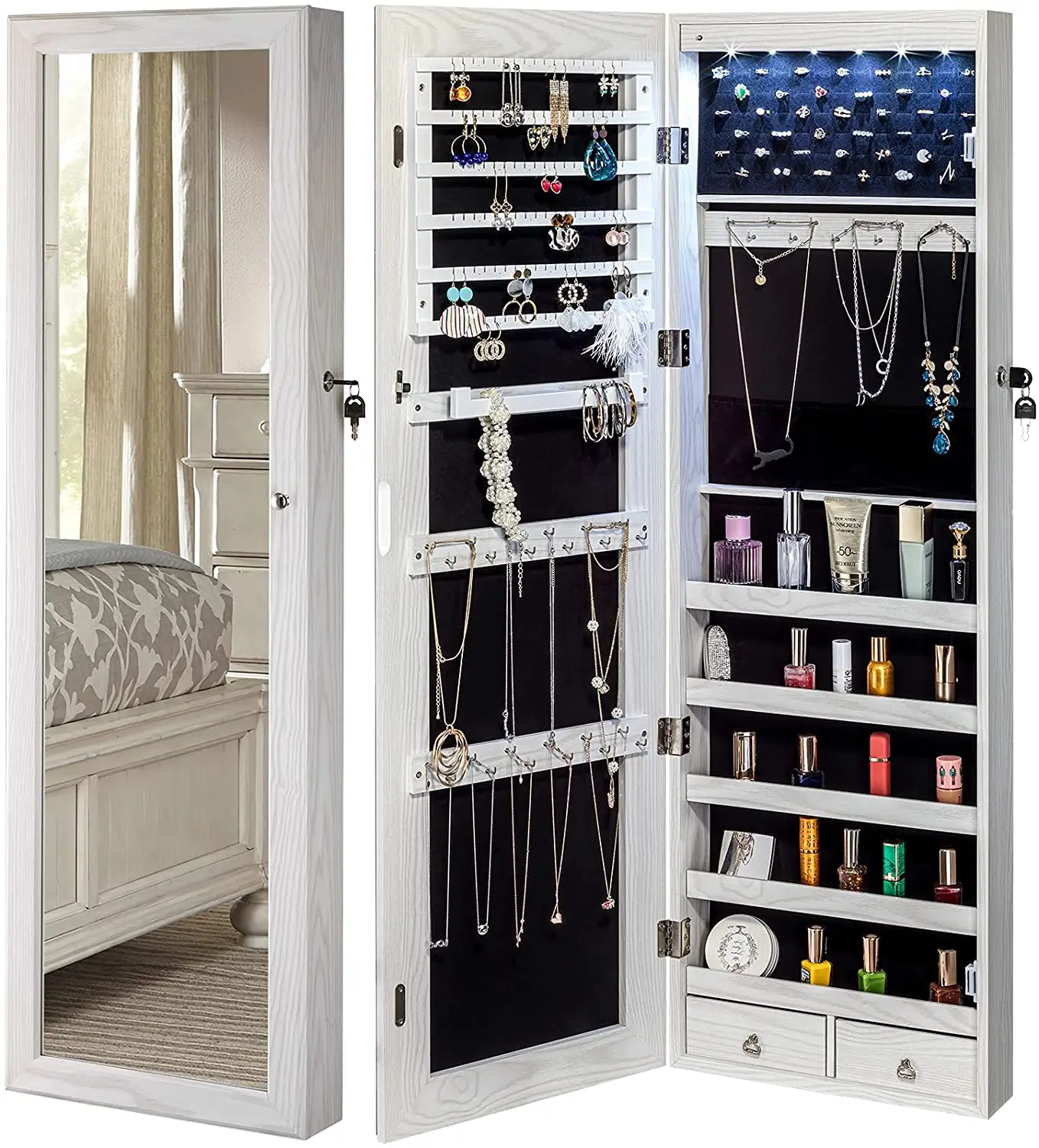 Wall-Mounted Lockable Armoire  Large Storage Organizer Jewelry Mirror Cabinet with led light