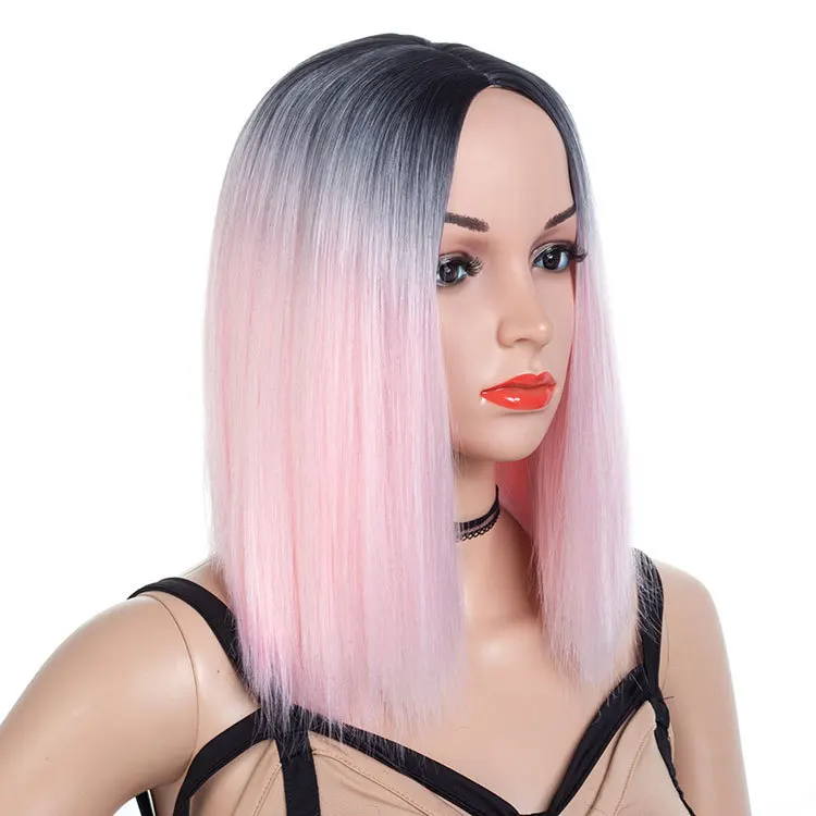 Short Straight Synthetic BOB Wig Fiber Lido Pink Synthetic Wig Ombre Color Synthetic Lace Front Wig For White Women