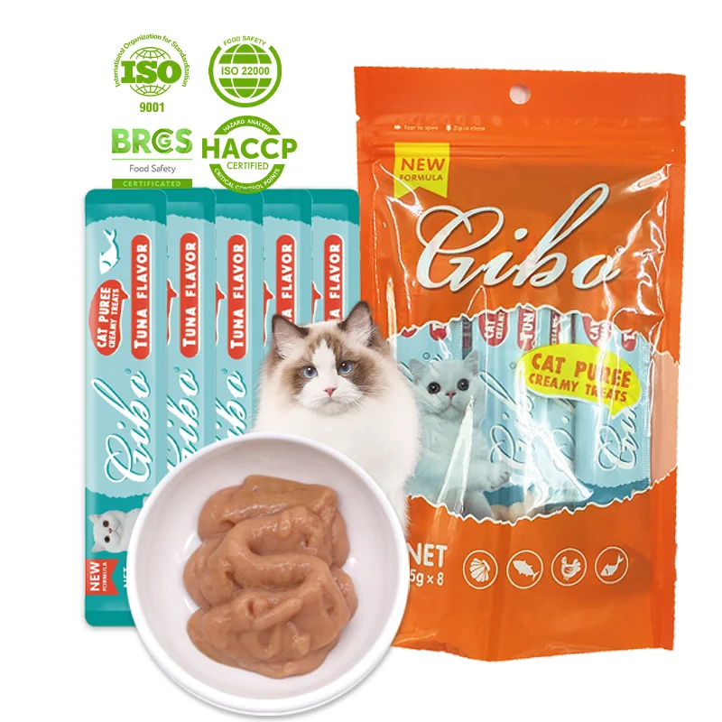 Factory wholesale GIBO brand tuna flavor cat puree cat creamy treats wet pet food supplier wet food for cat