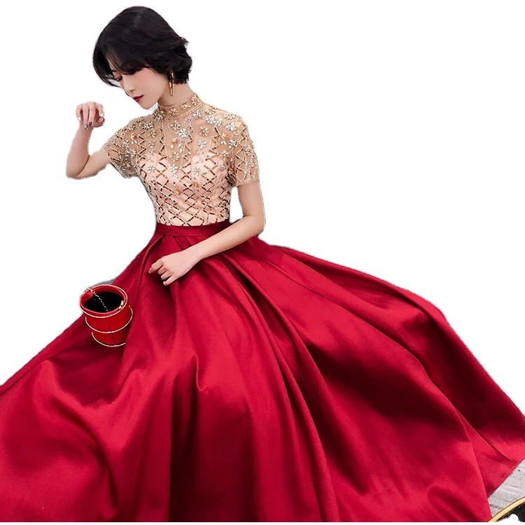 European and American wine red bride toast wedding dinner annual party evening dress drop shipping fulfill