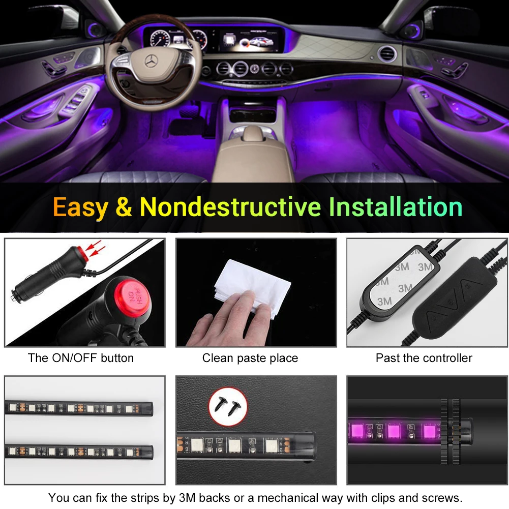  12V светодиодные ленты Автомобильные фары гибкое управление музыкой rgb автомобиля с атмосфера приложение