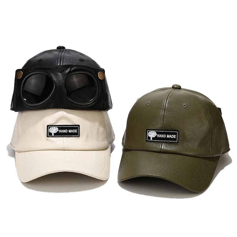 Fashion Pilot PU Baseball Cap With Goggles Aviation Cool Hats Hip Hop Gorras