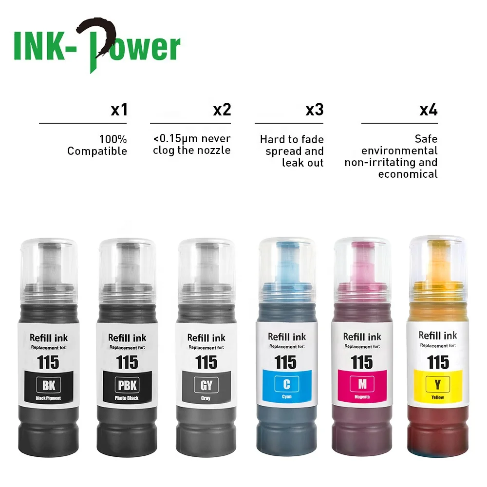 INK-POWER 115 T115 Premium Color Compatible Bulk Bottle Water Based Refill Eco Ink for Epson EcoTank L8160 L8180 Printer
