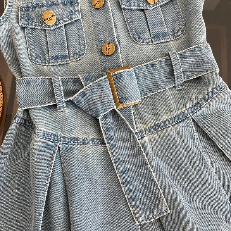 Boutique Summer Denim Cotton Baby Dresses Sleeveless Casual  Baby Girls Denim Dresses Visible Pockets Casual Dresses