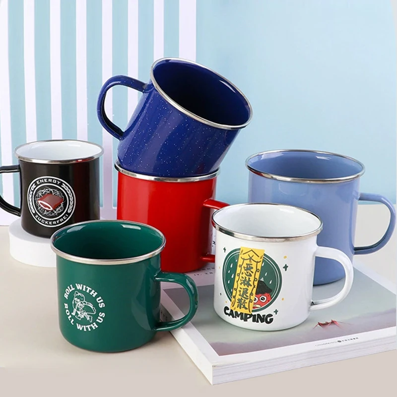 Wholesale 6/7/8/9/10/11/12/14cm 12oz Custom Logo Printed Metal Steel Outdoor Travel Enamel Camping Coffee Tea Cup Mug With Decal