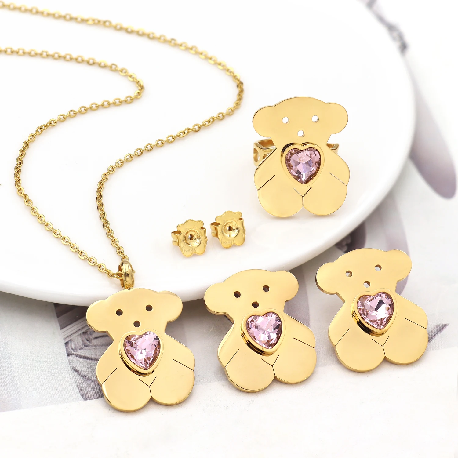 Joyas De Acero Inoxidable Heart Hollow Full Stone Cubic Zircon Crystal Stainless Steel Bear Jewelry Set For Woman