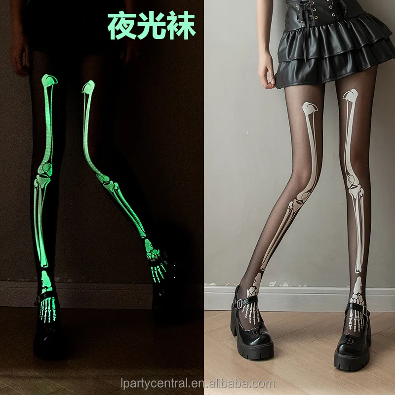 LP Joint bone print tattoo pantyhose Slimming black Dark Halloween glow bungee socks