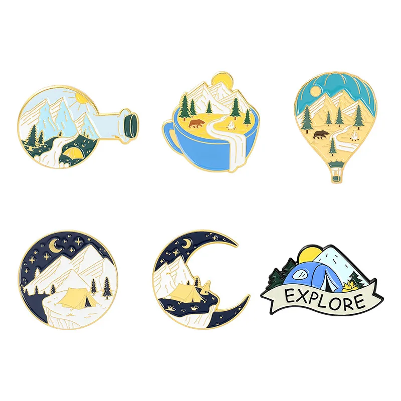 Wowei New Planet Air Balloon Moon Enamel Lapel Mountain Camping Brooch Pin for Outdoor Nature Lover